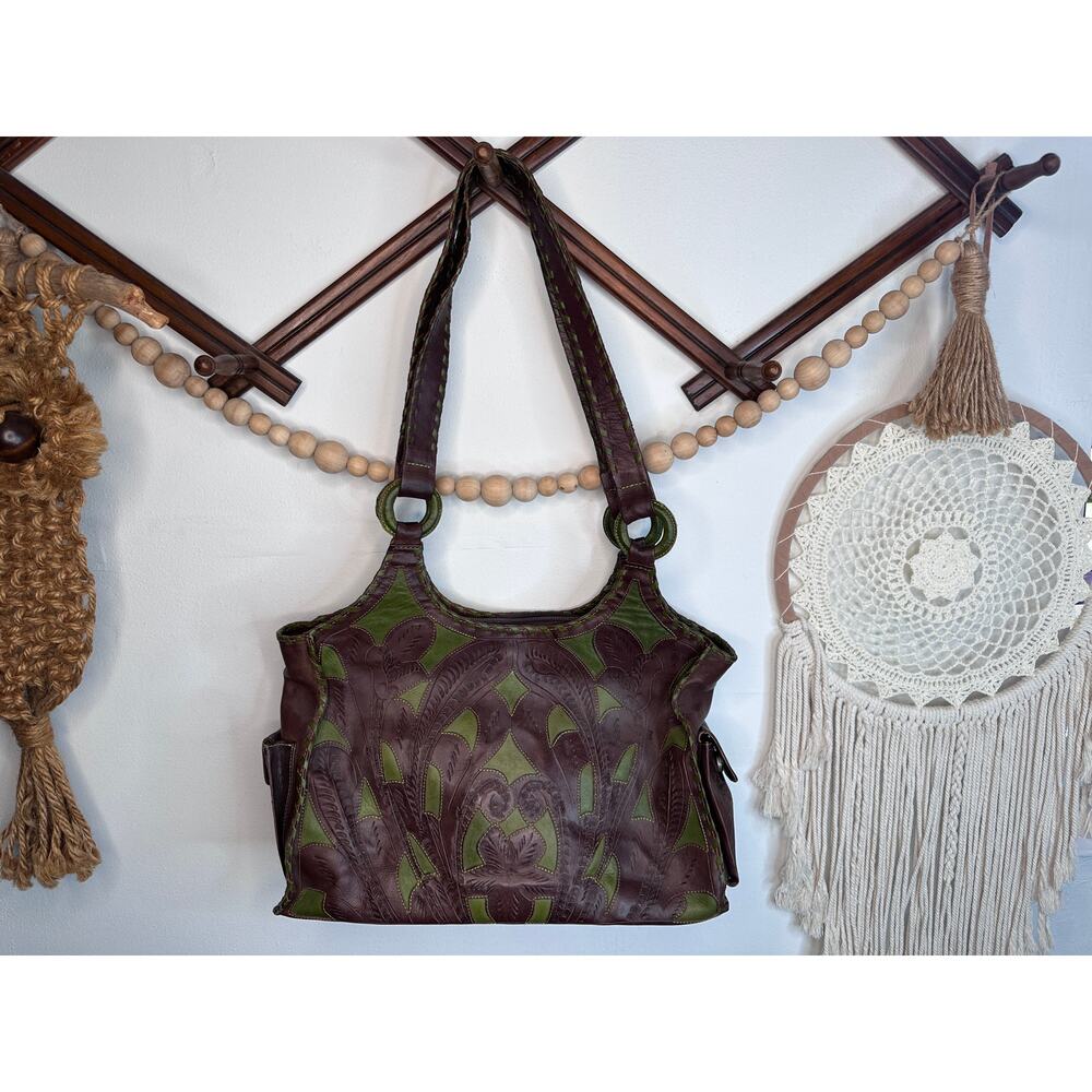 Leaders in Leather Brown Green Tooled Shoulder Bag
